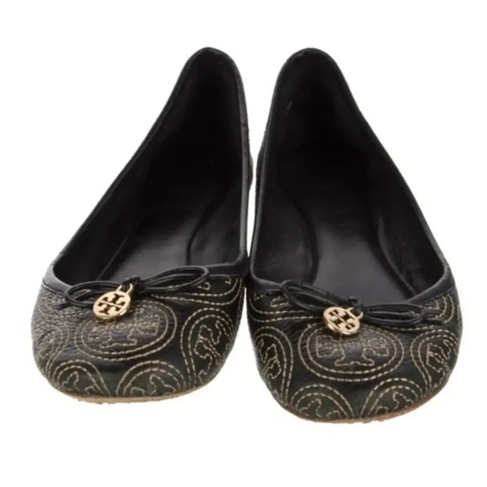 Tory Burch Leather Printed Ballet Flats Floral Logo Reva Classic Shoes Women 6.5
